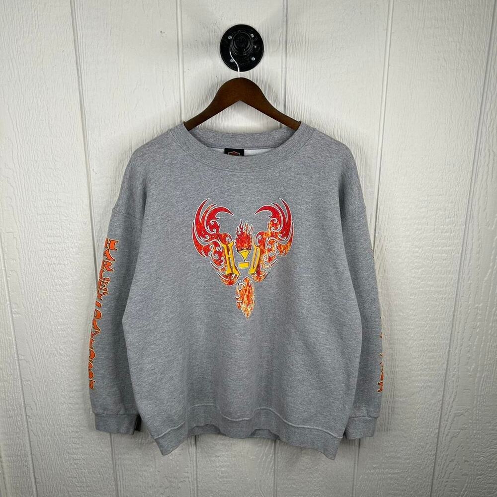 Y2K Grey Harley Davidson Fire Bird Double Sided Graphic Crewneck Size Large